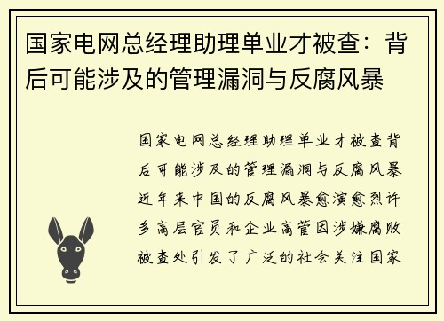 国家电网总经理助理单业才被查：背后可能涉及的管理漏洞与反腐风暴