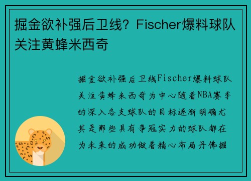 掘金欲补强后卫线？Fischer爆料球队关注黄蜂米西奇