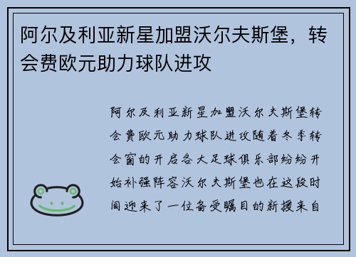 阿尔及利亚新星加盟沃尔夫斯堡，转会费欧元助力球队进攻