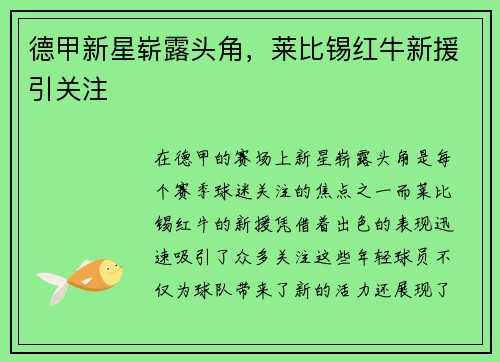 德甲新星崭露头角，莱比锡红牛新援引关注