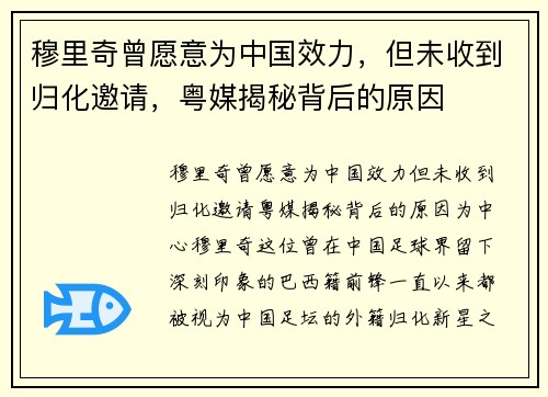 穆里奇曾愿意为中国效力，但未收到归化邀请，粤媒揭秘背后的原因