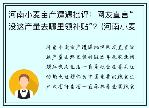 河南小麦亩产遭遇批评：网友直言“没这产量去哪里领补贴”？(河南小麦亩产记录)