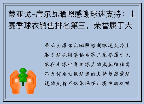 蒂亚戈-席尔瓦晒照感谢球迷支持：上赛季球衣销售排名第三，荣誉属于大家